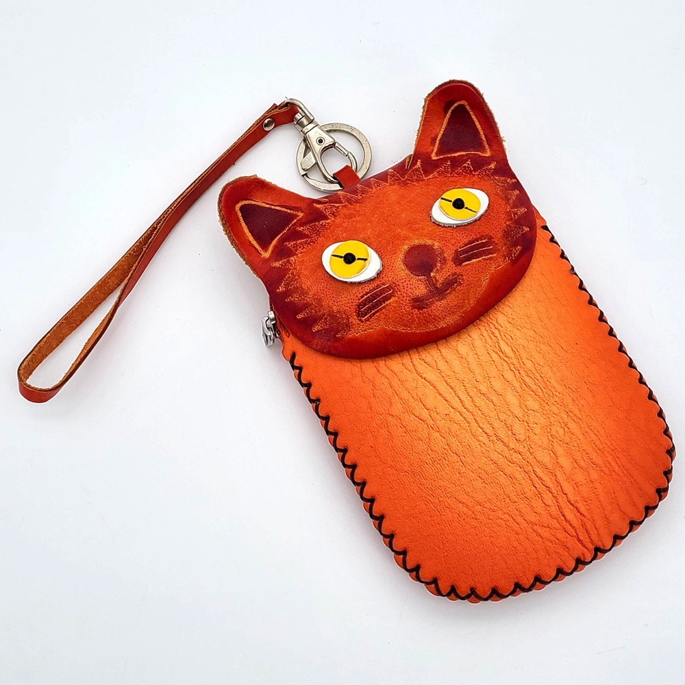 Handmade 6" Wristlet Genuine Leather Red Cat Pouch Coin Pouch!